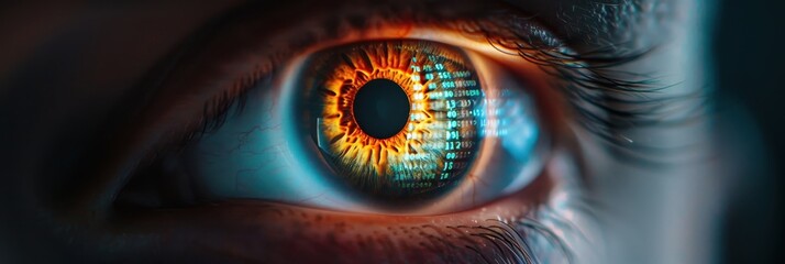 human eye with digital data reflected in the iris, symbolizing technology integration, data analysis, or surveillance.