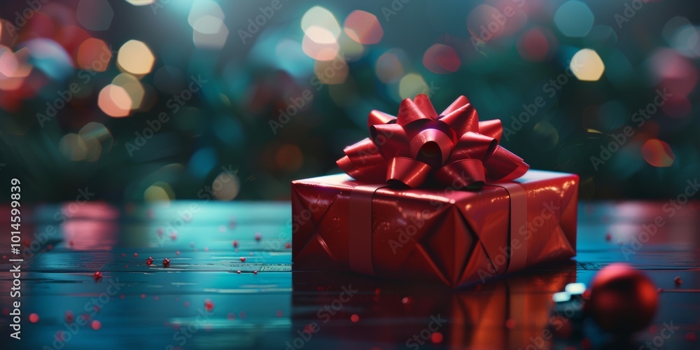 Poster a red box with a red bow on top of it. the box is sitting on a table