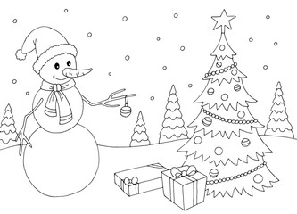 Christmas tree snowman graphic black white landscape sketch illustration vector