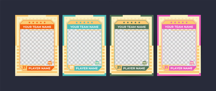 Set of trading frames for game sports card template, Frames for player cards featuring team