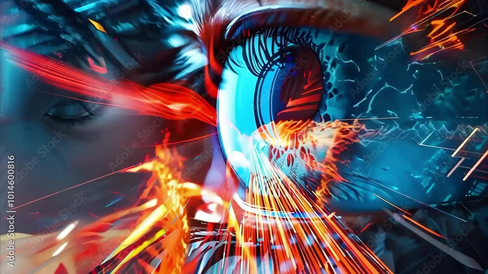 Poster a vibrant and abstract close-up of an eye, with colorful light effects and digital elements creating