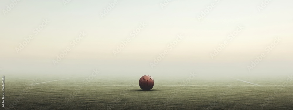 Poster minimalist football on an unmarked field, emphasizing simplicity and open space, a serene setting fo