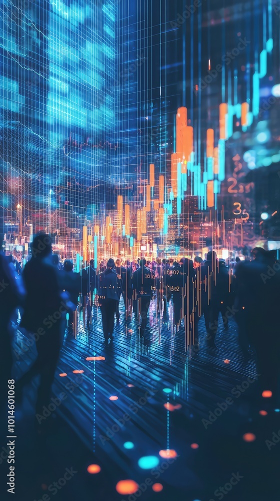 Poster a vibrant city scene showcasing a blend of technology and finance with dynamic data visualizations a