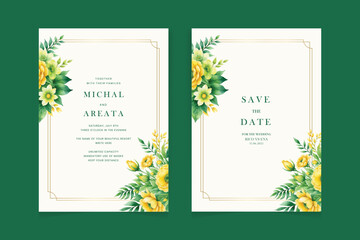 Premium wedding invitation template set with elegant brown leaves decoration. Botanic card design concept