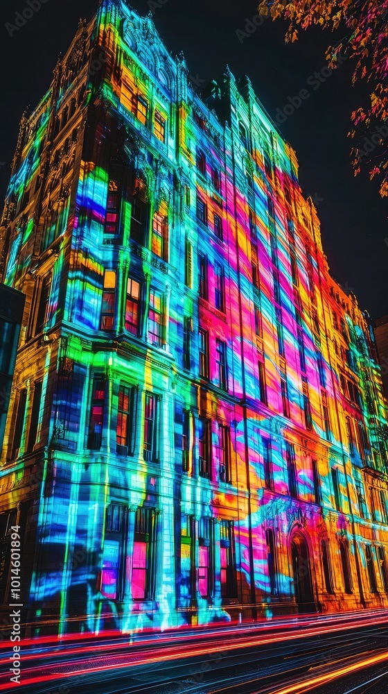 Poster a vibrant illuminated building showcasing colorful visuals during a nighttime event, creating a mesm