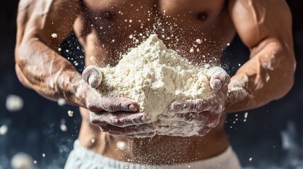 Fototapeta premium Muscular man holds in his hands sports supplements used for bodybuilding, such as BCAA, protein, creatine or glutamine powder.
