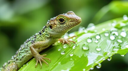Fototapeta premium A serene photograph of a lizard resting on a broad, green leaf, with raindrops scattered across its body, capturing the calm beauty of nature after a rainstorm