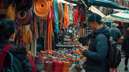 A vibrant marketplace showcasing an array of colorful items, where customers explore local crafts and textiles.
