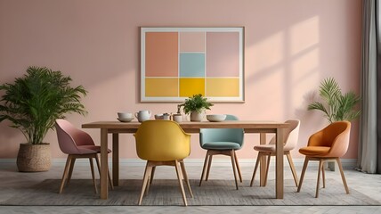 An elegant composition of a dining room with a light wood table, colorful chairs, and a backdrop of soft pastel walls. Modern decor items and a mock-up poster frame offer a fresh perspective. Template