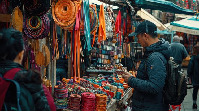 A vibrant marketplace showcasing an array of colorful items, where customers explore local crafts and textiles.