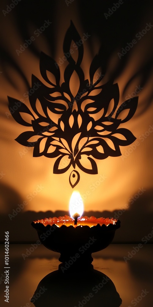 Poster a decorative lamp casting an intricate shadow pattern on the wall, illuminated by a single candle fl