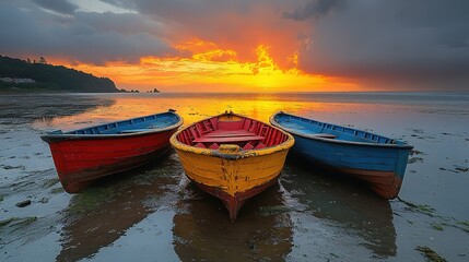 Fototapeta premium Ferry, three boats parked on the sea, red, yellow and blue boats in that order, large scene, 