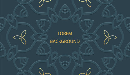 Ethnic blue lorem ipsum background, tribal cover design, banner. Geometric festive 3D pattern, embossing, place for text. Ornaments, arabesques, mandala of the East, Asia, India, Mexico, Aztec, Peru.