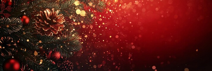 This design shows a striking red gradient on one side with a representative for the logo, while the other half features realistic Christmas decorations. The garland peeks out subtly.