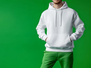Fototapeta premium Casual fashion: Model in white hoodie and green pants