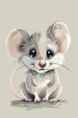 A cute cartoon mouse with a big smile on its face. The mouse is sitting on the ground and looking up at the camera