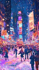 A vibrant winter scene in Times Square, filled with colorful lights and joyful crowds amidst falling snowflakes.