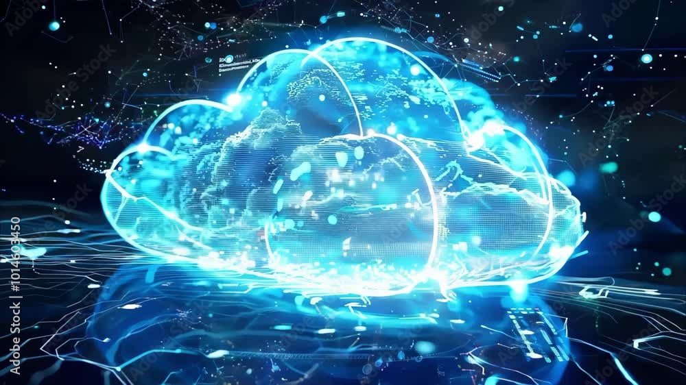 Poster a futuristic depiction of cloud computing with glowing clouds, digital elements, and a networked bac