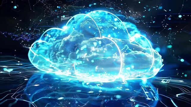 A futuristic depiction of cloud computing with glowing clouds, digital elements, and a networked background.