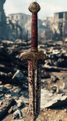 Fototapeta premium A vintage sword resting on a ruined landscape, showcasing a blend of myth and history with intricate details and a weathered design.