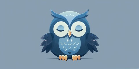 Obraz premium Charming cartoon owl illustration in shades of blue, featuring closed eyes and a serene expression on a light blue background.