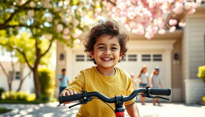 Obraz premium A child riding a bicycle in front of a tree-lined private house on a sunny, beautiful day.