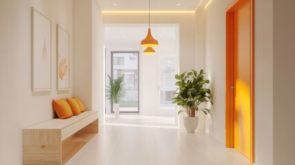 A spacious hallway features clean lines and a bright atmosphere, complemented by a bench with orange cushions, a tall potted plant, and a striking orange door. Natural light floods the area.