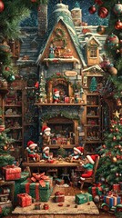 A whimsical Christmas scene depicting festive elves crafting toys in a beautifully decorated workshop filled with gifts and decorations.