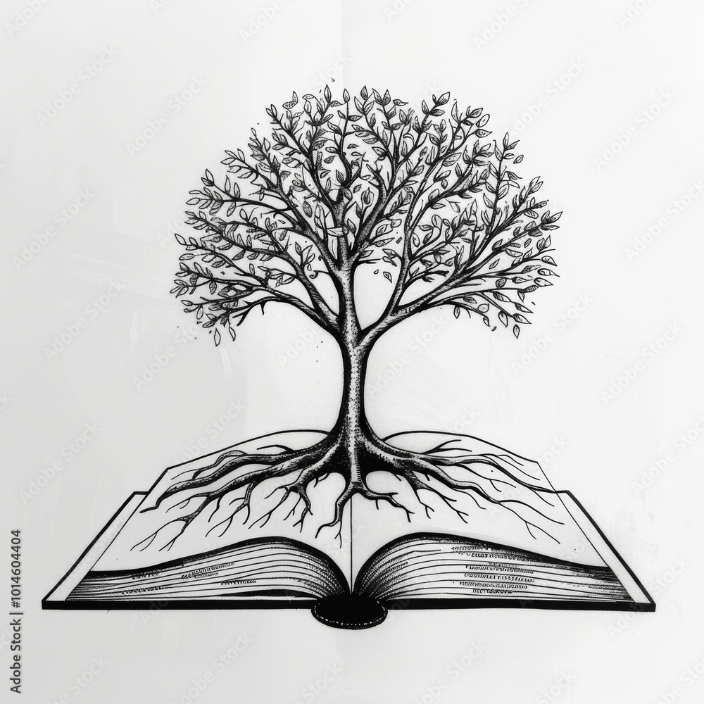 Poster simple line drawing of a tree with roots in a book.
