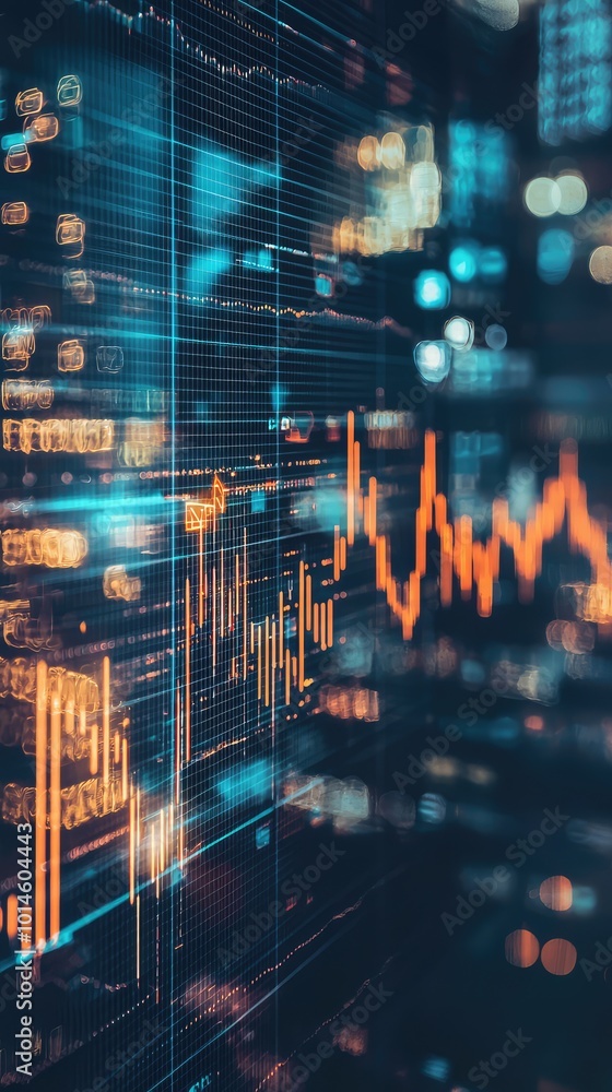 Poster abstract financial data visualization with glowing charts, representing market trends and analytics 