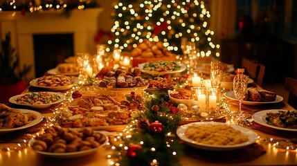 Festive dinner table with gourmet cuisine, twinkling lights, elegant settings, and warm candlelight, creating a cozy ambiance.