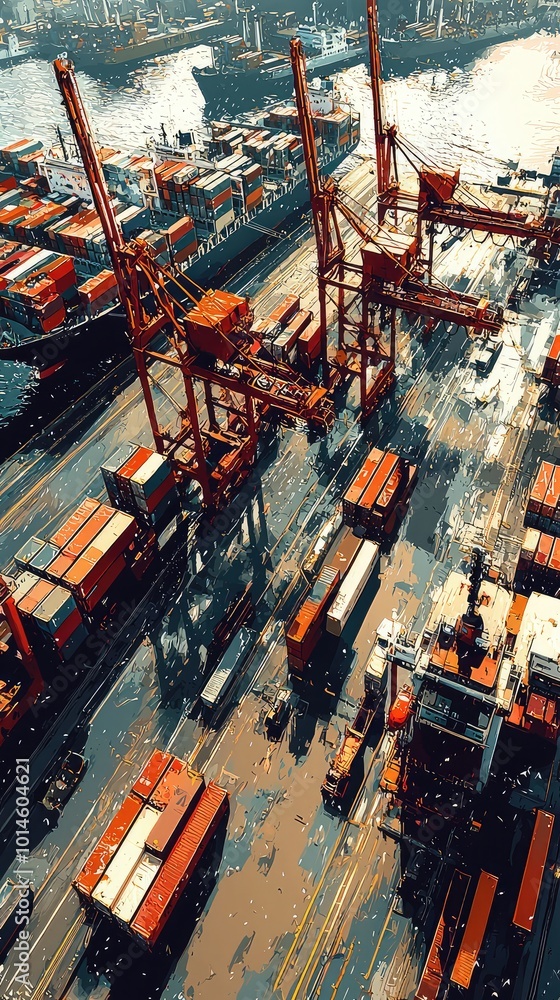 Poster aerial view of a busy shipping port with colorful containers and towering cranes, representing moder