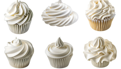 Set of six different white decorative swirl dessert toppings isolated on white background depicting whipped cream, ice cream or frozen yogurt