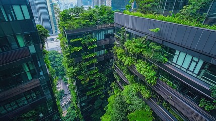 Aerial view of a modern building with lush greenery, showcasing urban gardening and sustainable architecture in a city environment.