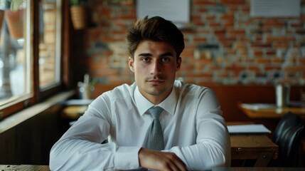 Fototapeta premium Young man in white shirt and tie sitting at a table