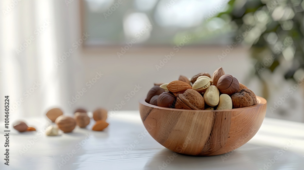 Poster a wooden bowl filled with assorted nuts, bright light filtering through a window, creating a warm, i