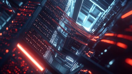 Obraz premium A high-quality digital representation of an IT network showcasing extreme detail and realism, illustrating interconnected devices, data flow, and technological elements, providing a comprehensive view