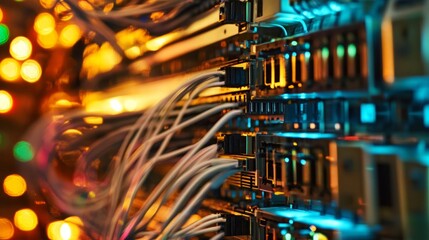 Fototapeta premium A high-quality digital representation of an IT network showcasing extreme detail and realism, illustrating interconnected devices, data flow, and technological elements, providing a comprehensive view