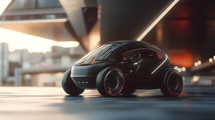 Sleek and Futuristic Electric Vehicle in Modernist Urban Landscape with Cinematic Aesthetic