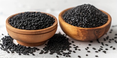 Two wooden bowls filled with different types of black seeds placed on a white surface. Some seeds are scattered around the bowls, highlighting their texture and natural, rustic presentation
