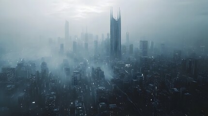 Imposing futuristic cityscape with towering skyscrapers and intricate network of elevated railways and transport hubs