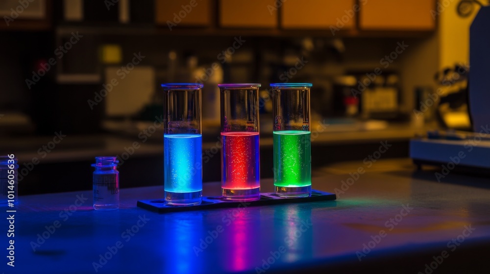 Aufkleber Brightly colored liquids in test tubes are illuminated on a lab table as researchers explore chemical reactions during an evening session, creating a vibrant and captivating display of science.