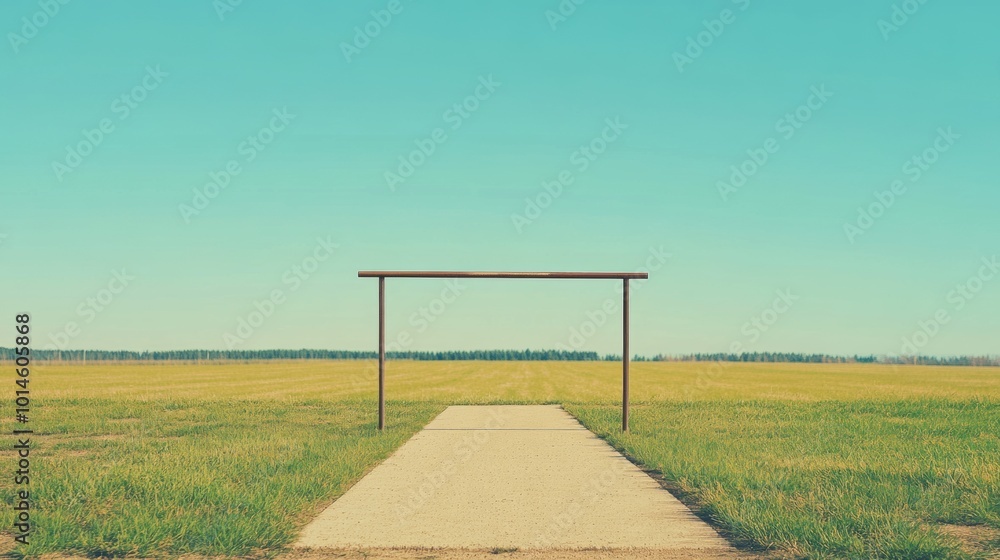 Poster minimalist high jump bar in an open field, emphasizing simplicity and clean lines, serene atmosphere