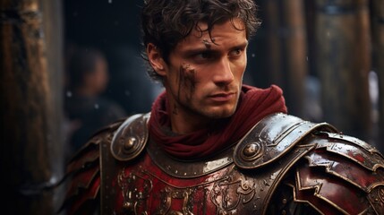 Half length portrait of young handsome muscular man gladiator in armour, smiling and holding sword.
