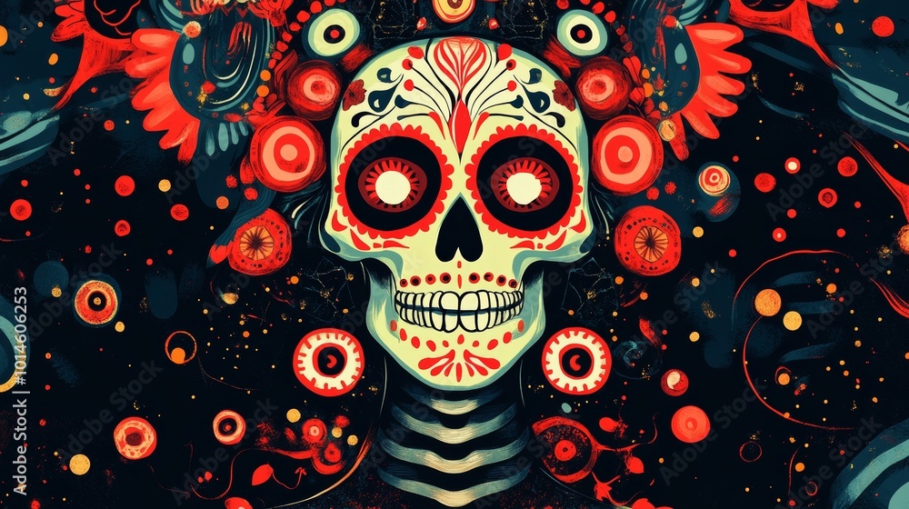 Poster surreal day of the dead concept combining traditional symbols with abstract visual elements.