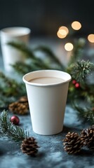 Paper cups with Christmas decoration and copy space for your design. xmas mockup. ai generated