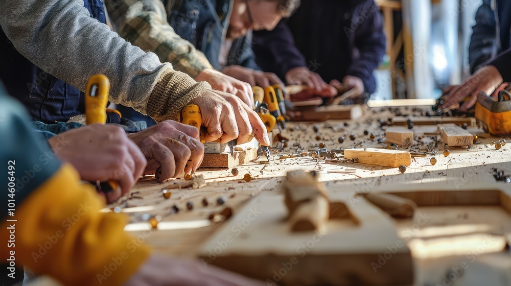 Poster artisans collaborating on woodworking projects, showcasing dedication and craftsmanship with various