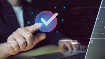 service guarantee, Validation concept for business process automation, quality assurance management, certification, digital transformation. businessman touching checked icon on virtual.
