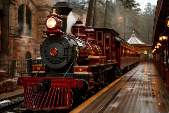 A detailed image of a vintage red steam locomotive stopped at a train station. The train's headlight glows warmly, with reflections of rain on the platform adding a nostalgic, historic atmosphere