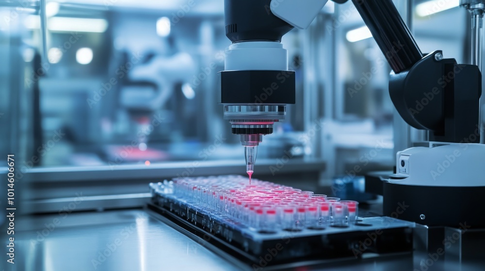 Aufkleber a robotic arm precisely dispenses colorful liquids into small test tubes within a modern laboratory.